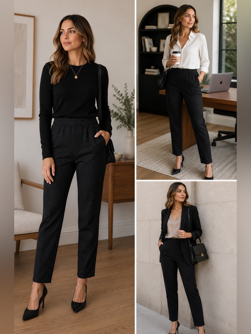 Insight Black Check Pull-On Straight Leg Pants Size 6 Career Casual